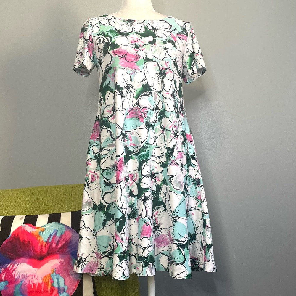 Yelete White Green Pink Floral Short Sleeve Swing Mini Dress